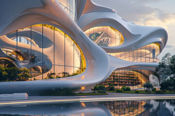 Organic architecture of a futuristic building with reflective glass.