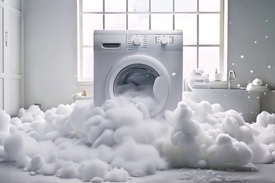 A washing machine is seen surrounded by foam in a bathroom. The machine is running, causing suds to overflow and create a soapy mess