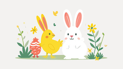 Vector illustration Easter bunny with chicken in flat