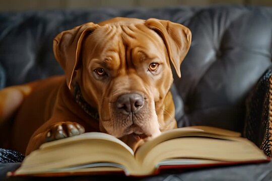 A brown dog is calmly lying on a couch next to an open book, reading a book.