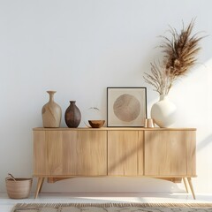 Wooden cabinet and accessories decor in a minimalist living room interior, set against an empty white wall.