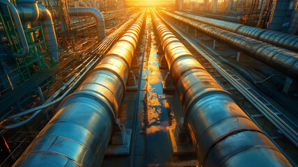 A long line of pipes are shown in the sunlight - obrazy, fototapety, plakaty