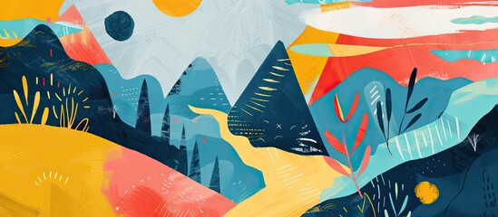 A vibrant painting of a landscape featuring azure mountains and electric blue trees. The artwork showcases a unique triangle pattern, blending creative arts and visual graphics