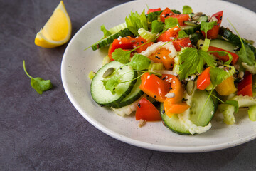 Salad of fresh cucumbers, celery, sweet peppers, herbs and pumpkin seeds, sunflowers, sesame seeds with olive oil. Healthy vegetarian, vegan food. Italian Cuisine