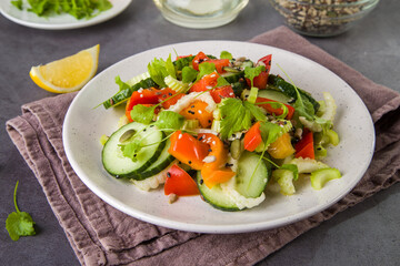 Salad of fresh cucumbers, celery, sweet peppers, herbs and pumpkin seeds, sunflowers, sesame seeds with olive oil. Healthy vegetarian, vegan food. Italian Cuisine