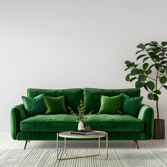 3D rendering of a living room with a green sofa and matching decor, set against a white background.