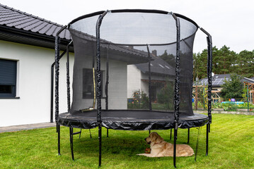 Large childrens jumping trampoline with protective net and closed zipper, standing in the garden,...