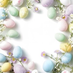 Easter background frame with pastel colors, spring motifs, and a copy space, celebrating the Easter season.