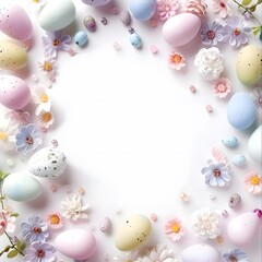 Easter background frame with pastel colors, spring motifs, and a copy space, celebrating the Easter season.