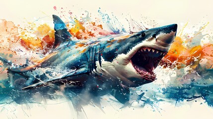 A shark in full roar, charging directly towards the camera with a fierce expression. The image is...