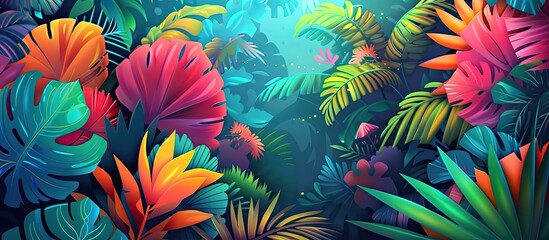 An art piece depicting a lush tropical forest with vibrant flowers and lush green leaves, showcasing the beauty of nature and its diverse array of terrestrial plant organisms