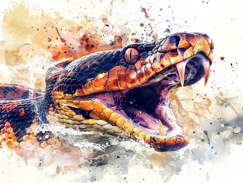 The anaconda roared in full. Charges sideways in front of the camera with a ferocious expression. The image was captured in a dynamic watercolor style
