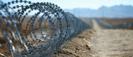A close up of a barbed wire fence on the side of dirt road. Generative AI. - Powered by Adobe