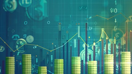 Financial development in business, showcasing increasing profit growth with upward trending graphs, currency symbols, and corporate imagery