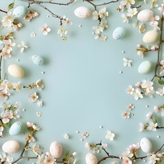 Naklejka na ściany i meble Spring design element with colorful Easter eggs and flowering branches, creating a charming Easter card background frame on a light blue background.