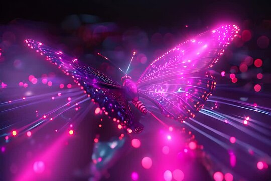 A purple butterfly flits and glides gracefully through the air, showcasing its vibrant colors and delicate wings in motion