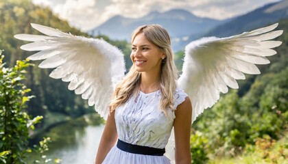 A beautiful young woman with angel wings smiling in nature, heaven like place, clean white clothes