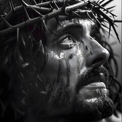 Close-up portrait of Jesus Christ with a crown of thorns, evoking a sense of reverence and solemnity. - obrazy, fototapety, plakaty