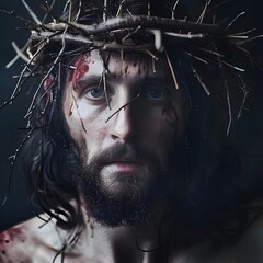 Close-up portrait of Jesus Christ with a crown of thorns, evoking a sense of reverence and solemnity.