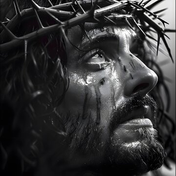 Close-up portrait of Jesus Christ with a crown of thorns, evoking a sense of reverence and solemnity.