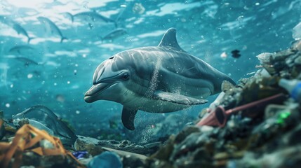 Dolphin amidst underwater trash vortex, eco, dolphin, underwater, trash, vortex, eco, marine, environment, conservation, ocean, pollution, planet, issue, impact, decay, nature, global, seascape