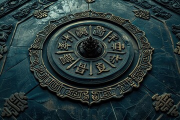 Obraz premium Carved mandala with Chinese characters on a textured surface. generative ai