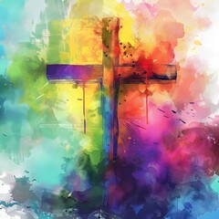 Vibrant illustration of the Cross of Jesus Christ on a colorful watercolor background, combining spiritual symbolism with artistic flair.