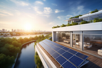 Waterfront modern home with solar panels at dawn.