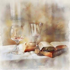 Digital watercolor painting of Eucharistic symbols from the Lord's Supper, featuring a Bible, wine glass, and bread on a table.