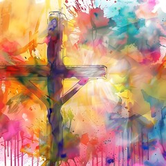 Vibrant illustration of the Cross of Jesus Christ on a colorful watercolor background, combining spiritual symbolism with artistic flair.