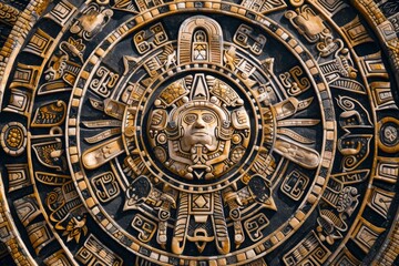 Fototapeta premium Detailed Aztec sun god stone carving. generative ai
