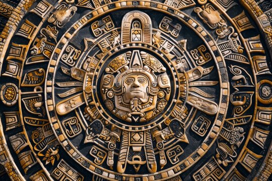 Detailed Aztec sun god stone carving. generative ai