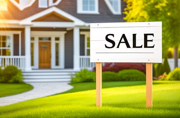 sign about the sale of a house. The house in the background is blurred. Real Estate Agency