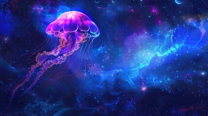 Glowing jellyfish swim deep in blue sea. Medusa neon jellyfish fantasy in space cosmos among stars...