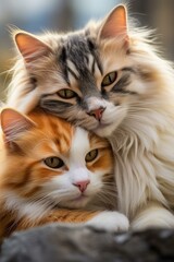 Two cats are cuddling together on a rock in the sun. Generative AI.