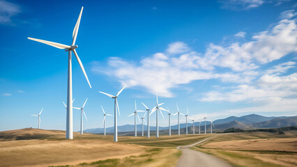 Row of wind turbines along a country road with mountains.