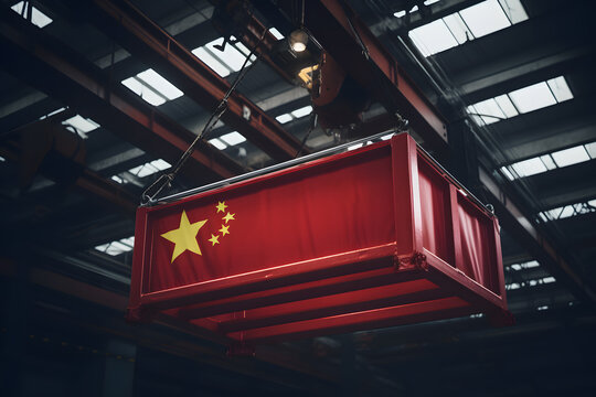 China trade war. Container Chinese flags with industrial crane containers in a cargo freight ship. Concept of trade war effect to import and export business logistic company.
