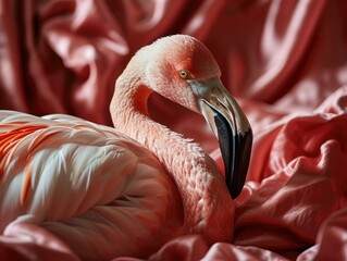 A flamingo laying on a bed of red fabric with its beak open. Generative AI.