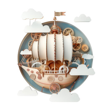 paper cut craft style, A whimsical steampunk airship, gears and cogs exposed, floating amidst cloud-shaped cutouts, isolated on white isolated on white background