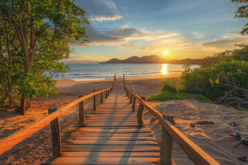 Fototapeta premium A wooden walkway at a beach during the sunrise