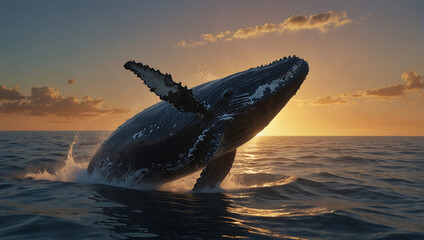 A whale jumping out of the water at sunset.

