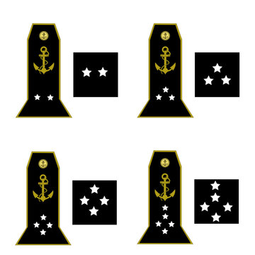 Ensemble des galons de l'arm&eacute;e de la marine nationale fran&ccedil;aise des officiers g&eacute;n&eacute;raux: contre-amiral, vice-amiral, vice-amiral d'escadre, amiral