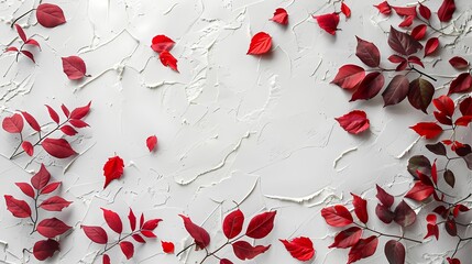 Top view autumn background with colored red leaves on a white slate background