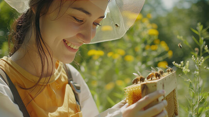 Happy woman beekeeper examining honeycomb frame at apiary garden - obrazy, fototapety, plakaty