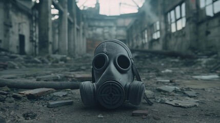 Gas mask among industrial ruins, stark contrast, ga, mask, ruin, contrast, industry, debris, pollution, protection, safety, equipment, dystopian, abandon, gloomy, wasteland, isolate, cityscape, ominou - obrazy, fototapety, plakaty