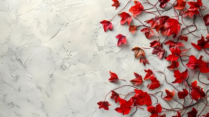 Top view autumn background with colored red leaves on a white slate background