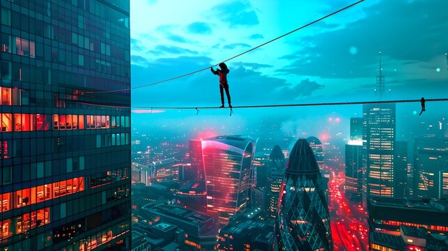 Thrilling Highwire Walk Over Illuminated Futuristic Cityscape. A Daring Stunt Above Urban Glow. Adventure in a Neon Metropolis. Surreal Skyline Tightrope Act. AI
