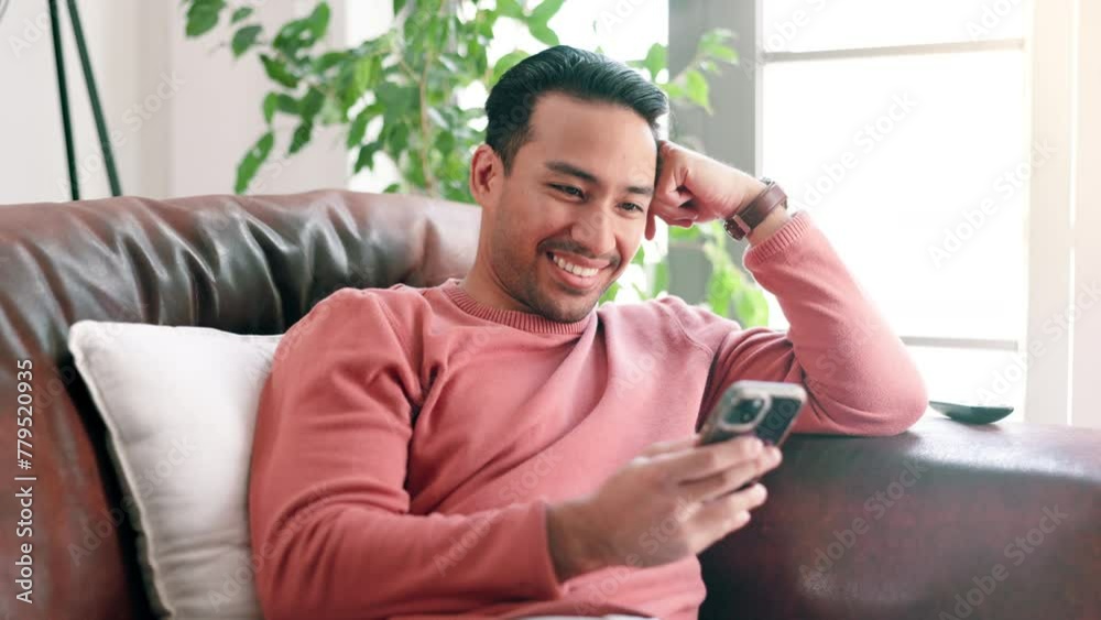 Aufkleber cellphone, smile and man on sofa at his home networking on social media, mobile app or internet. hap