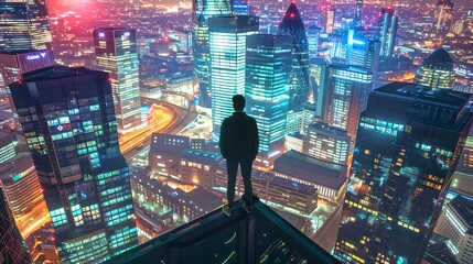 Silhouette of a person overlooking a vibrant cityscape at night. City lights and skyscrapers. Urban exploration and adventure theme. Stunning aerial view. Modern lifestyle. AI