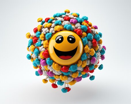 A smiley face surrounded by colorful pills on a white background. Generative AI.